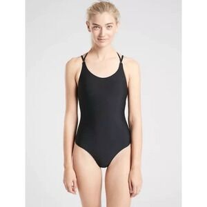 Athleta Black High Neck Halter One Piece Swimsuit Cutout Back XSP 511635-00